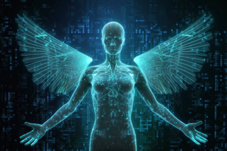Female human glowing silhouette with wings over computer code background, concept of human transformation through technology. Generative AI illustrationの素材