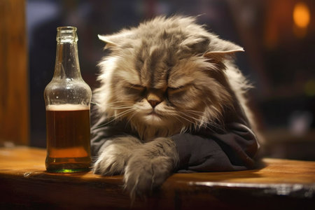 Drunk and depressed anthropomorphic cat sitting alone in a bar with beer bottle symbolizing the struggles of modern life. Photo realistic generative AI illustrationの素材