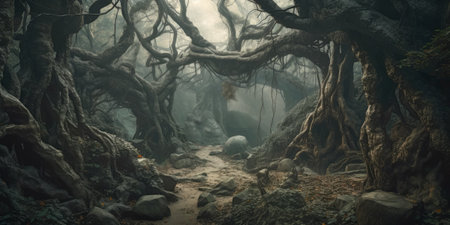 Spooky forest with twisted trees, fantasy matte painting, generative AI illustrationの素材