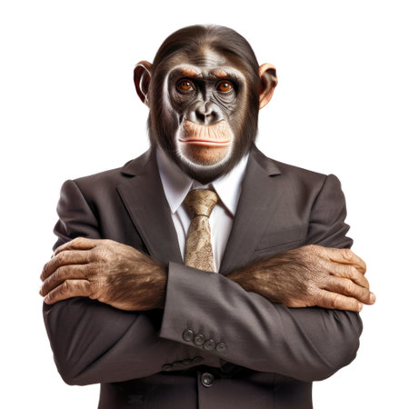 Serious chimp in business suit standing with crossed arms isolated on white background. Waist up corporate portrait. Generative AI realistic illustrationの素材