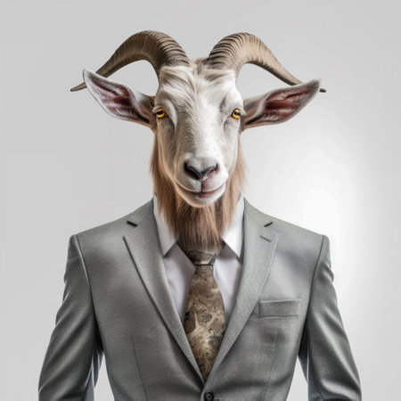 Anthropomorphic white male goat dressed in a business suit, in the style of corporate photography over grey background. Realistic generative AI illustrationの素材