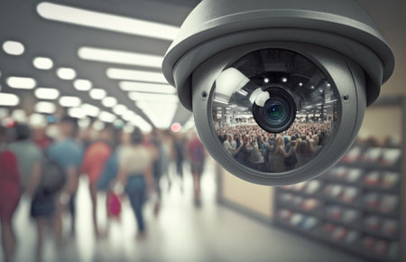 Close-up of a security camera monitoring of a busy shopping center, generative AI illustrationの素材