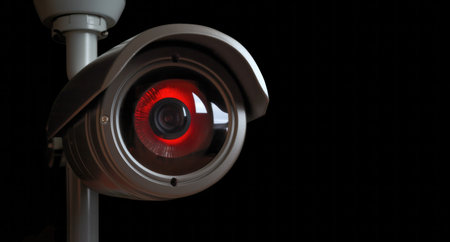 High-tech security camera lens close up isolated on  black background, generative AI illustrationの素材