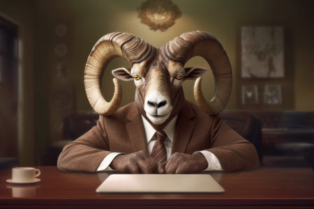 Well dressed ram wearing suit and tie sitting in its office looking important, realistic generative AI illustrationの素材