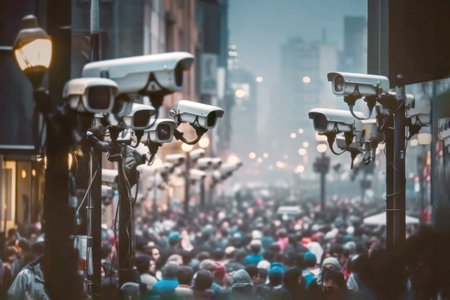 Security cameras poised above crowds of people on a busy city street collecting data, generative AI illustrationの素材