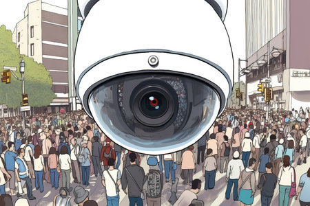 Close-up view of a modern security camera keeping watch over a city street crowd, generative AI digital illustrationの素材