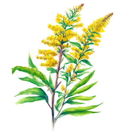 Goldenrod (woundwort ) plant with flowers isolated on white background, generative watercolor AI illustrationの素材