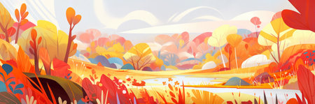 Colorful autumn landscape panorama in cartoon style. Banner background. Generative AI illustrationの素材