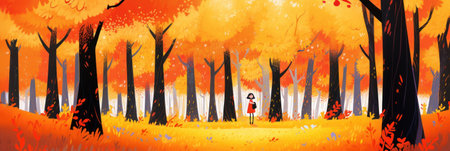 A girl in colorful forest during fall with yellow and red trees. Autumn banner background. Generative AI illustrationの素材