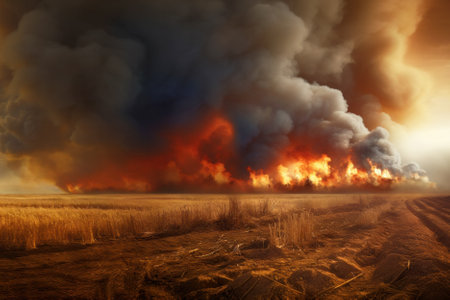 Crop fields being destroyed by a wildfire, the horizon glowing with flames against dramatic sky filled with clouds of dark smoke, generative AI realistic illustrationの素材