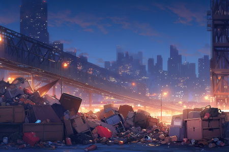 Piles of trash in front of brightly lit night cityscape, pressing issue of urban waste concept, generative AI illustrationの素材