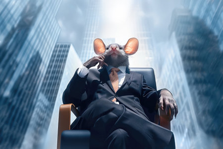 Antropomorphic rat as a metaphor for successful businessman or politician sitting in front of skyscrapers of city city business center.  Generative AI illustrationの素材