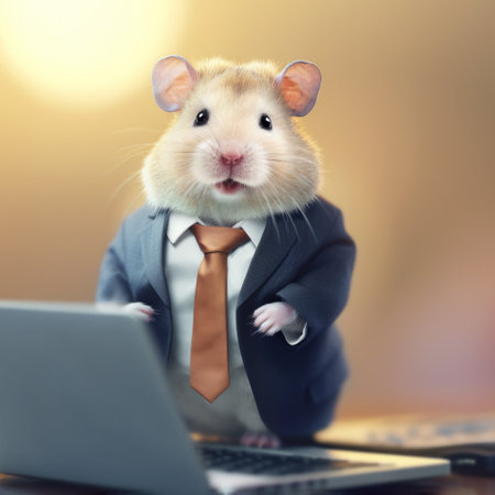 Human-like hamster wearing business suit working on a laptop on office desk, generative AI realistic illustrationの素材