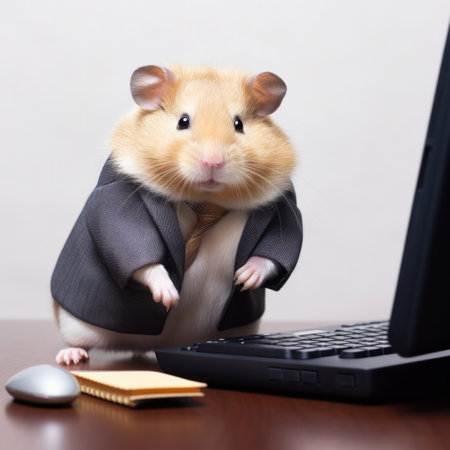 Funny hamster wearing suit and tie working on its laptop in office, realistic generative AI illustrationの素材