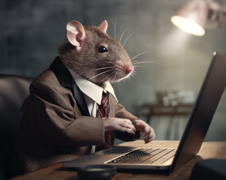Anthropomorphic rat in business suit sitting at his desk with laptop at work in its office, realistic generative AI illustrationの素材