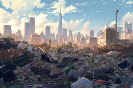 Concept image contrasting a colossal pile of waste against a modern cityscape, generative AI illustrationの素材