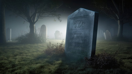 A lone, old unidentified gravestone stands in the moonlight, against a backdrop of fog-shrouded tombs and shadowy trees. Generative AIの素材