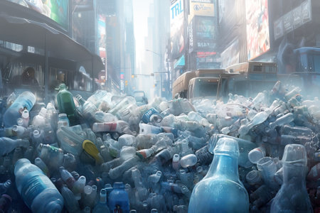 Exaggerated futuristic view of a city street overfilled with plastic bottles and other plastic waste, generative AI ecology concept illustrationの素材