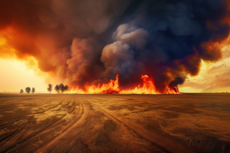 Distant wildfire raging across farmland, the horizon ablaze with fire and smoke against a dramatic darkened sky. Generative AI realistic illustrationの素材