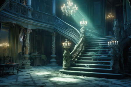 Haunting ambiance of an abandoned manor's hall, showcasing its once-grand but now deteriorated staircase, generative AIの素材