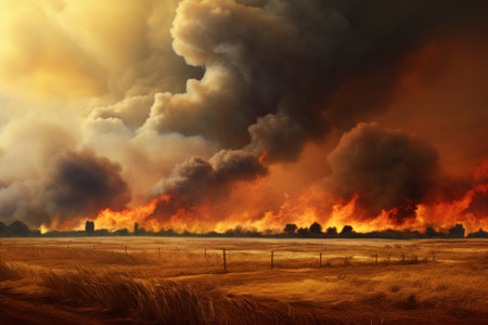 Wildfire destroying fields of crops, the horizon lit with dramatic flames and clouds of smoke, generative AI realistic illustrationの素材
