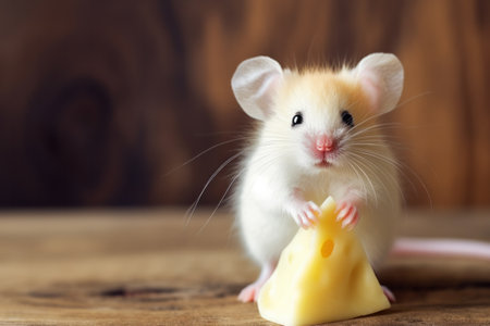 Cute little mouse standing on a table holding a small piece of cheese. Copy space, generative AIの素材