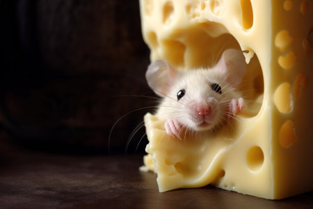 Adorable little white mouse peeking out from a hole in a large piece of cheese, illustrating curiosity and cuteness. Copy space, generative AIの素材