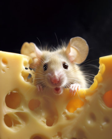 Cute little white mouse peeking out with curiosity over a large piece of cheese, copy space, generative AIの素材
