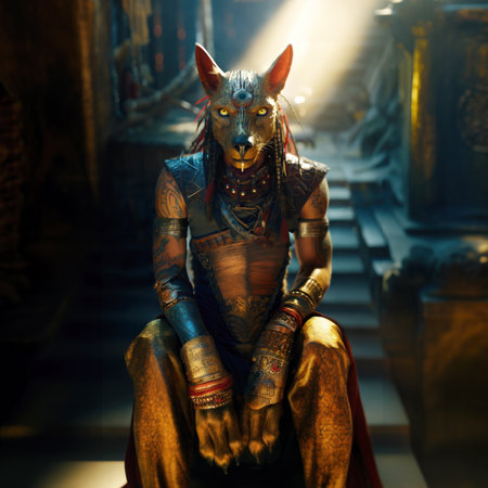 Modern interpretation of Anubis, the ancient Egyptian god of afterlife, as a half-man, half-jackal figure, generative AIの素材
