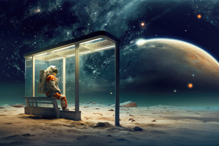 Astronaut sits at a bus stop under a star-speckled sky of another planet waiting for a transport to come. Intergalactic travel sci fi concept, generative AIの素材