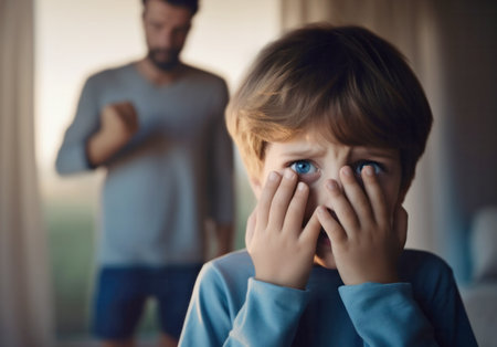 Terrified little boy covering his face with hands, with a menacing male figure visible in the room behind, illustrating the issue of domestic violence, generative AIの素材