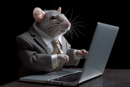 Smart rat working on its laptop wearing business suit isolated on black background, generative AI realistic illustrationの素材