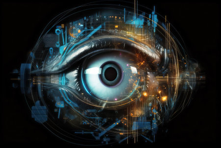 Human cyborg eye merged with computer elements, augmented reality metaphor, generative AI illustrationの素材