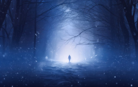 A solitary figure walks on a serene snow-covered forest path surrounded by frosty trees at winter nightの素材
