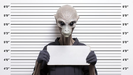 Close-up mugshot of a tall alien figure holding a blank name sign, against a standard police lineup backdrop with height markers, generative AIの素材