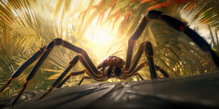 Close-up of a large spider with scary eyes and long hairy legs, dramatic perspective from below against the grass backgroundの素材