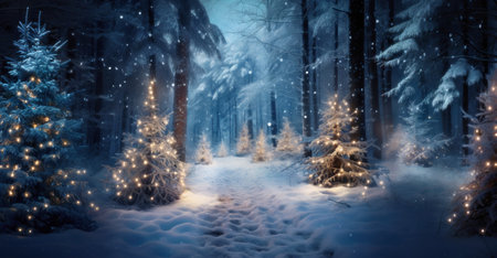 A magical winter forest with multiple Christmas trees decorated with lights, against a backdrop of snow covered trees and a snowy path. Generative AIの素材