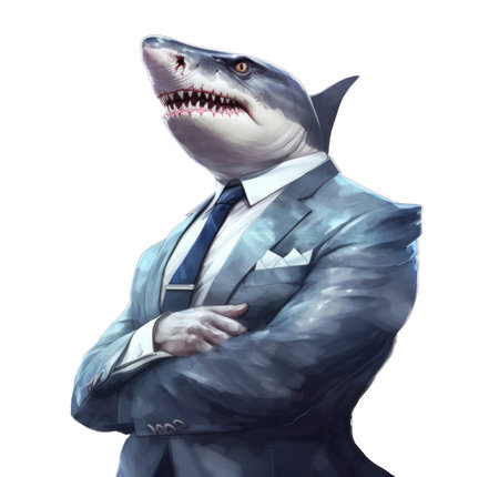 Shark boss in business suit standing with crossed arms isolated on white background, waist up corporate portrait, generative AIの素材