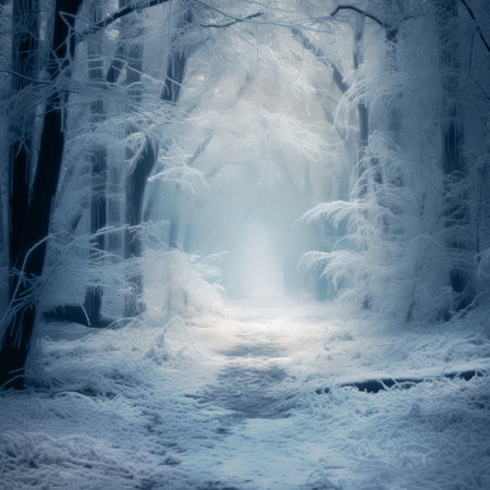 Ethereal snow-covered forest pathway with frosted trees bathed in soft foggy evening light. Generative AIの素材