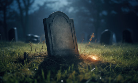 Unmarked tombstone amidst the dewy grass on ancient cemetery at night. Generative AIの素材