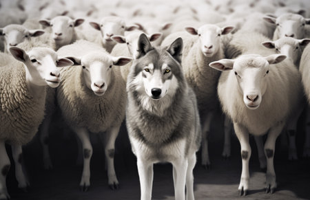 A wolf standing amidst a herd of sheep, symbolizing cunning and the element of surprise in plain sight. Generative AIの素材