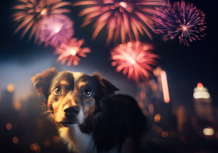 Little dog looking up scared by colorful fireworks and noisy  celebration in the city. Generative AI.の素材