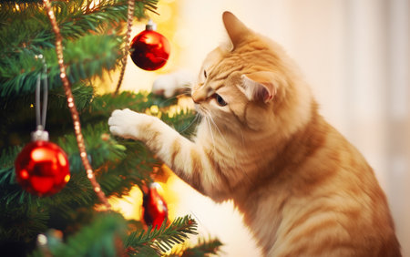 Curious ginger cat gently touching Christmas tree decorations with a paw, in a warm indoor setting. Generative AIの素材