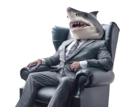 Shark boss wearing business suit sitting in armchair isolated on white background, corporate portrait, generative AIの素材
