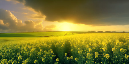 Sunset over a blooming rapeseed field, with rays of golden light piercing through dramatic clouds. Generative AIの素材