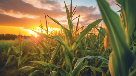 Growing cornfield under the soft glow of a setting sun, with vibrant green leaves and tassels. Generative AIの素材
