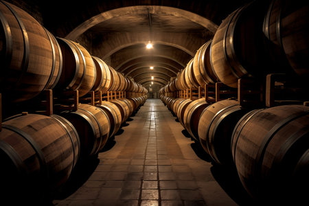Rows of wooden wine barrels in a dimly lit cellar along a central pathway. Generative AIの素材