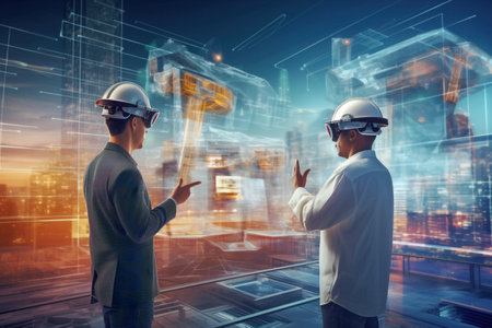 Two engineers wearing safety helmets with AR glasses analyzing holographic building blueprints against a city skyline. Generative AIの素材
