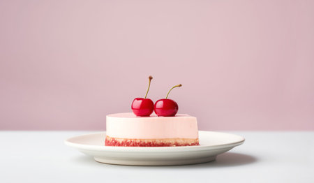 Cheesecake with two cherries on top on a white plate over white minimalist pink background, side view. Generative AIの素材