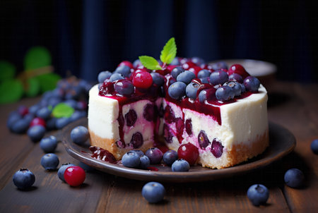 A cheesecake with a topping of blueberries and berry glaze, on a rustic plate with scattered berries on a wooden table over dark background. Generative AIの素材